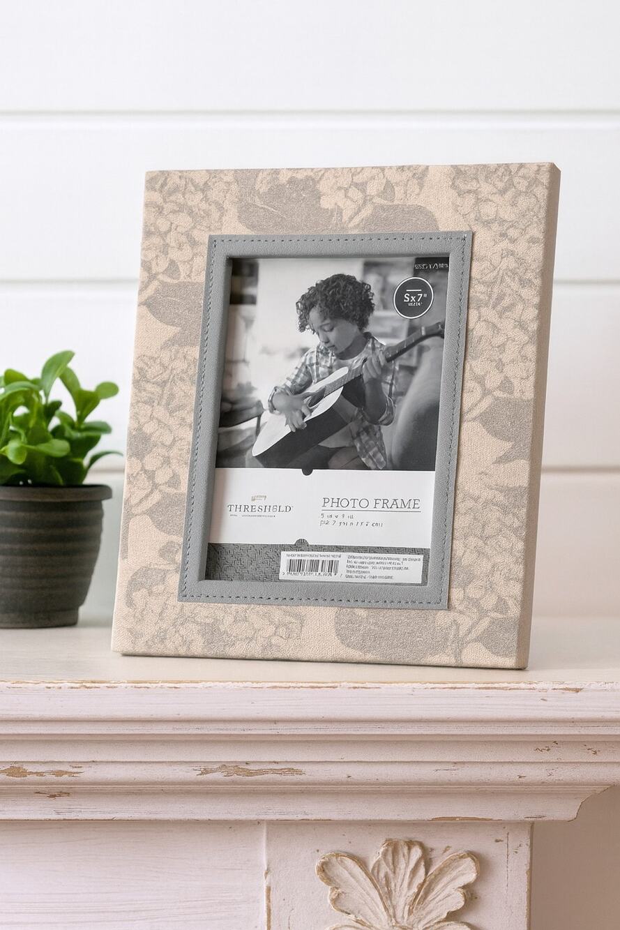 Threshold 5x7 Fabric Photo Frame Linen Botanical Floral Gray Trim Neutral...